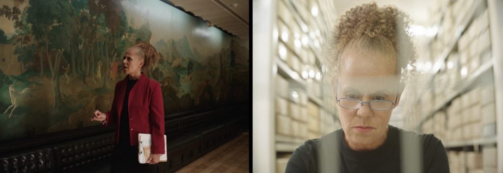 split screen, on left a woman looks at a mural, on right she studies in a library