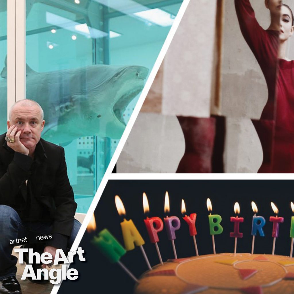 an image collage with damien hirst in front of a shark suspended in formaldehyde, a fashion photograph of a model in a red dress, and a birthday cake with candles that spell 'happy birthday'