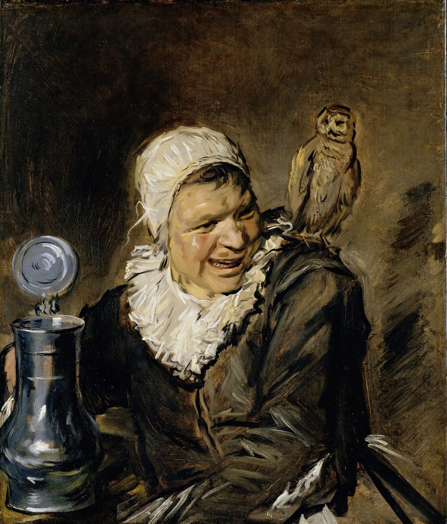In a color photo of a painting, a woman holds a beer stein while an owl perches on her shoulder.