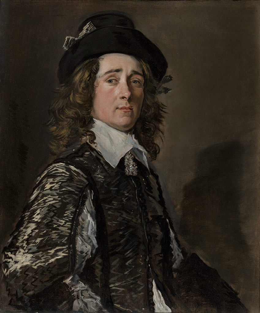 In a color photograph of a painting, a young man is seen head-on, in fancy dress.