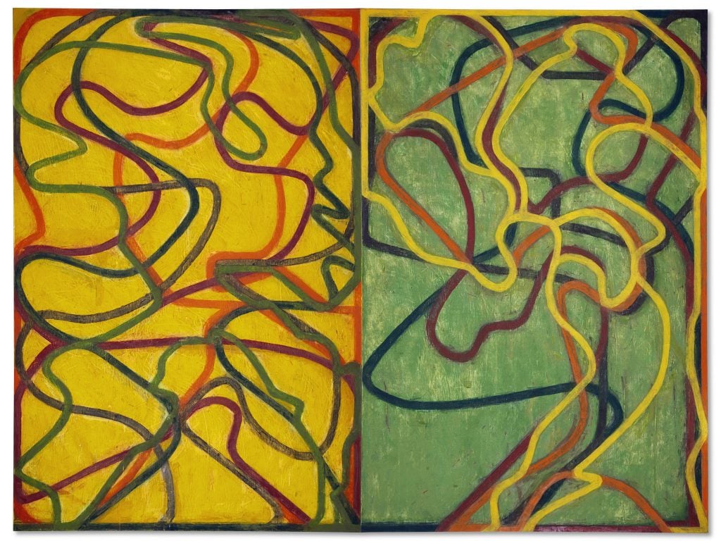 abstract painting with two panels by brice marden featuring yellow,orange and maroon contours