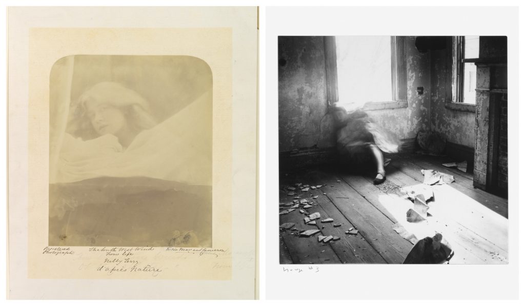 a collage of two images side by side, on the left a faded face appears, on the left we see a woman's body in an interior space but it's very blurred