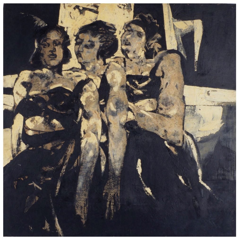 a dim, black and white painting of three female figures sitting very close to each other 