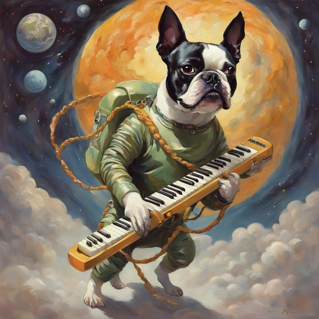 Boston Terrier playing keytar in outer space