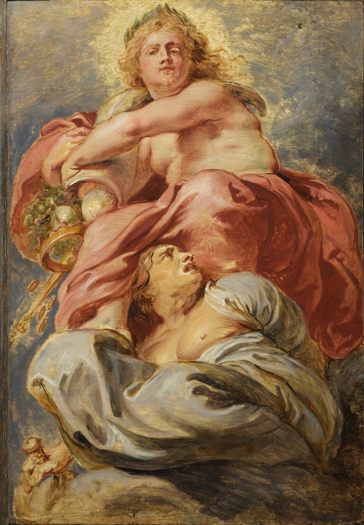 a painted man and woman appear to tussle in elaborate robes
