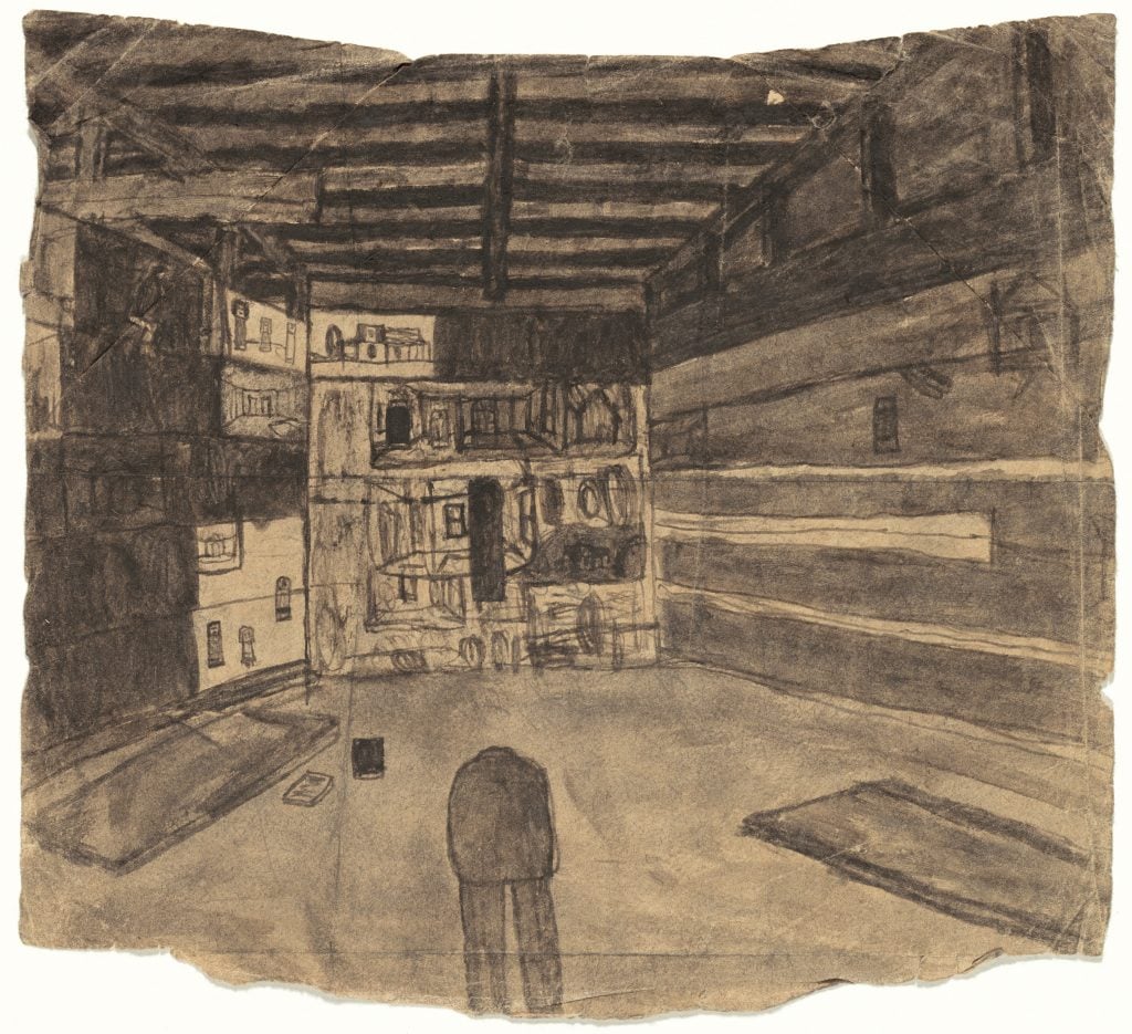 a sepia-toned drawing of the inside of a wooden slatted barn with shelves full of pictures