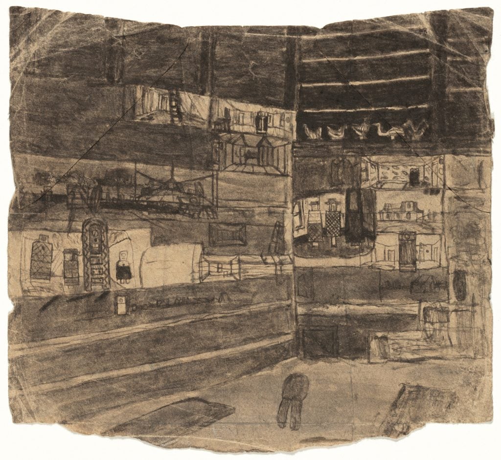 A black and white drawing of the interior of a barn, by artist James Castle