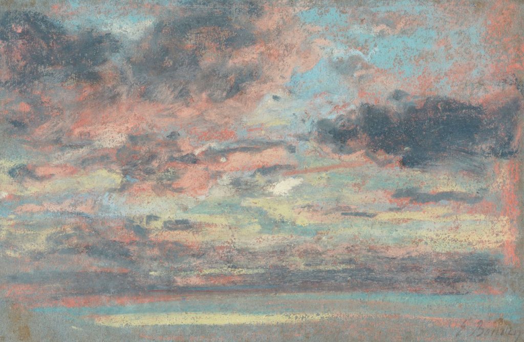 A serene landscape painting depicting a vast sky with clouds rendered with soft, brushstroke textures and subtle gradients by Eugene Boudin