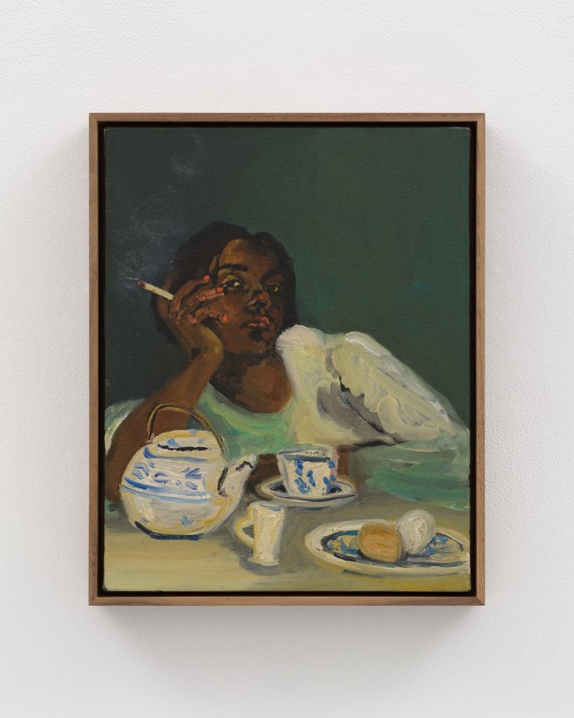 Oil painting of a woman smoking a cigarette in front of a tea service 