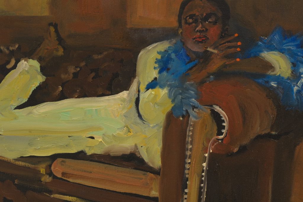Oil painting of a woman lying on a couch with her eyes closed