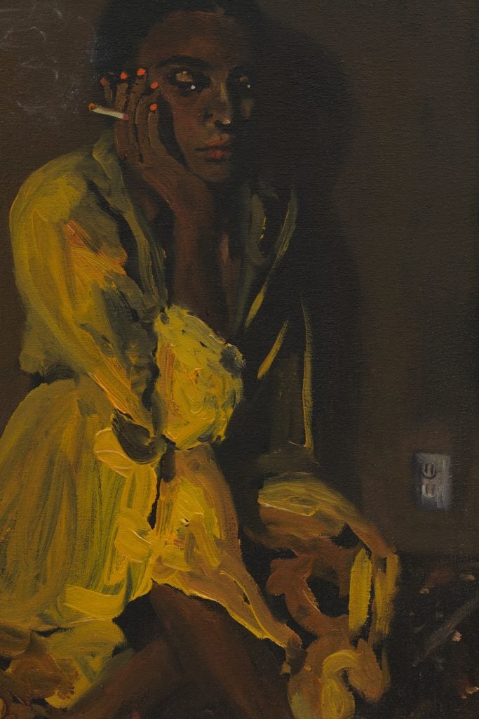 Painting of a woman in a yellow dress holding a cigarette, looking off to the side