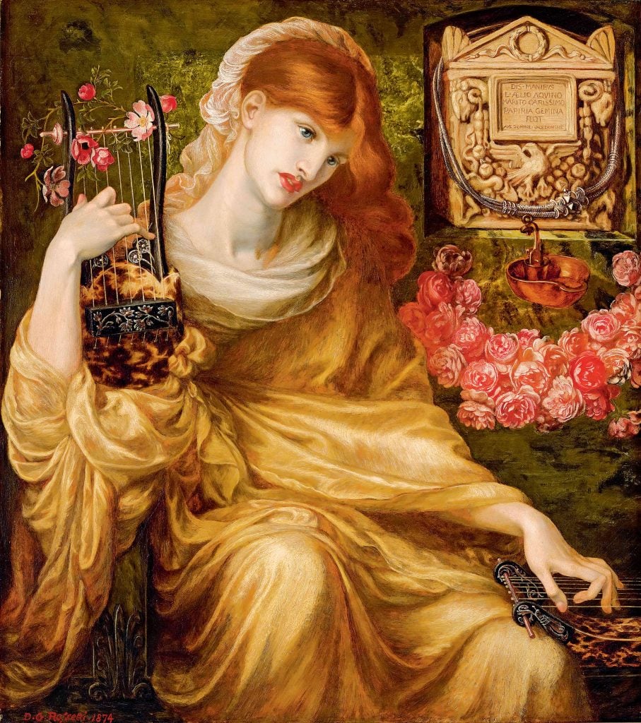 Dante Gabriel Rossetti's painting of a woman with red hair, holding a lyre entwined with flowers.
