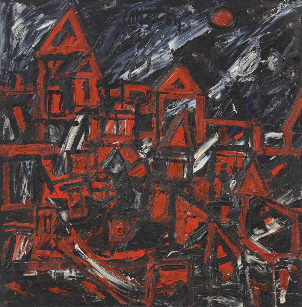 a painting by FN Souza showing houses and a landscape in red and black