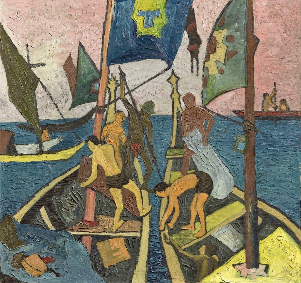 a painting by Francis Newton Souza showing men in rowboats