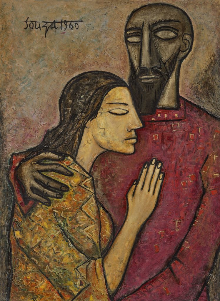 a painting by FN Souza showing a woman in a yellow multi-pattern robe embracing a man in red garments