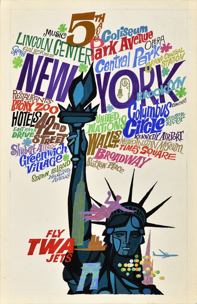 Abstract of Statue of Liberty with words of major New York attractions