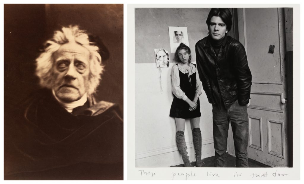 a collage of two photographs, on the left an older man with a haggard and shocked expression, on the right a young woman posing with a young man in a leather jacket