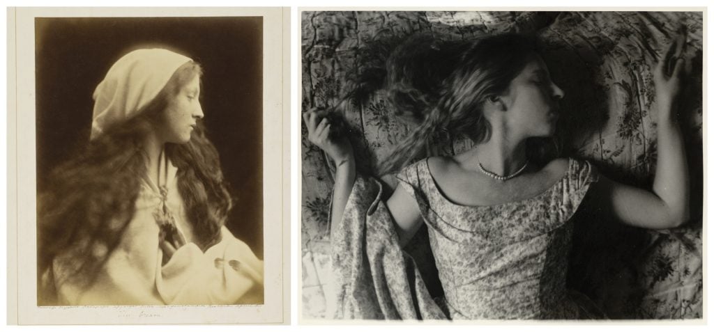 a collage of two photographs each of a young woman from the waist up with her head turned in profile and long hair spilling back