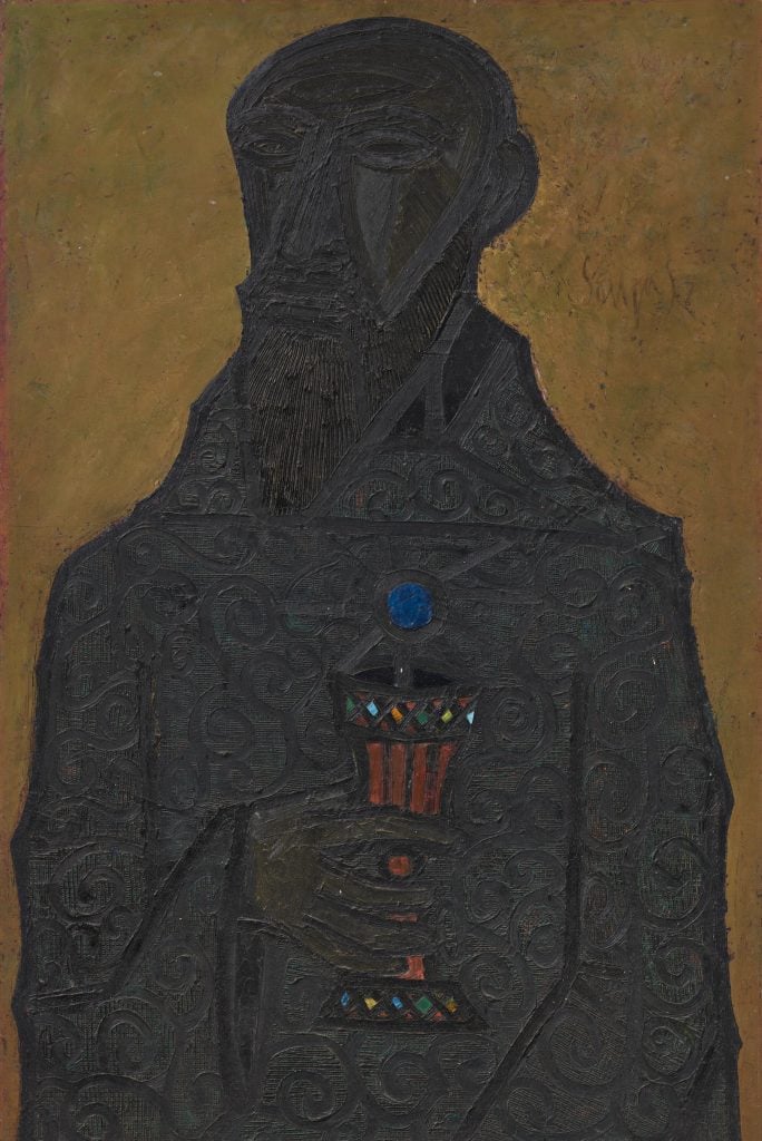 artwork by F.N. Souza showing a priest figure in all black holding a chalice