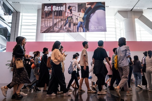 This picture shows a crowded hall way at Art Basel Hong Kong in 2023.