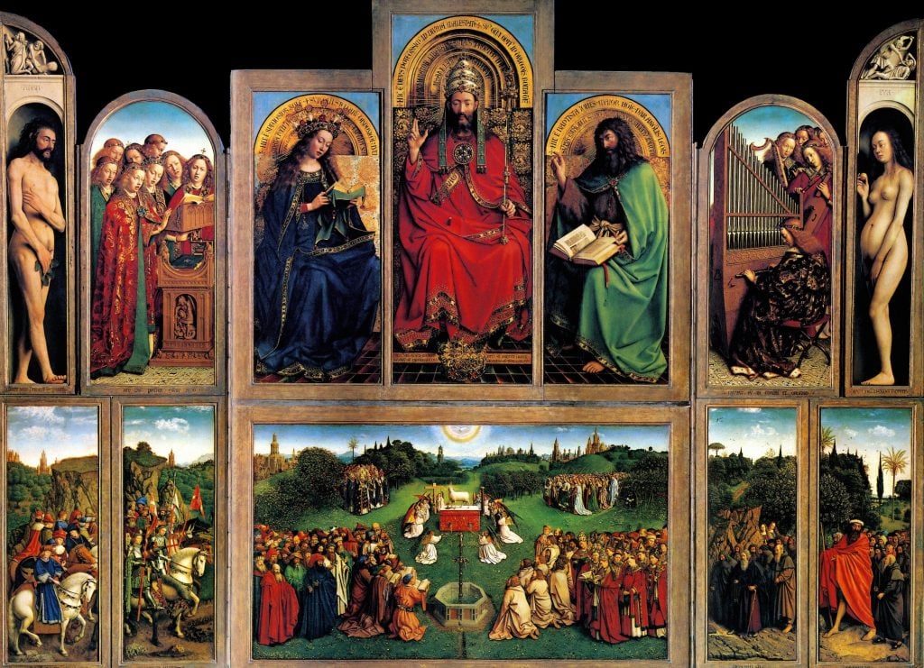 A magnificent polyptych masterpiece by Jan van Eyck, showcasing intricate details, rich colors, and religious symbolism, revered as a pinnacle of Flemish art.