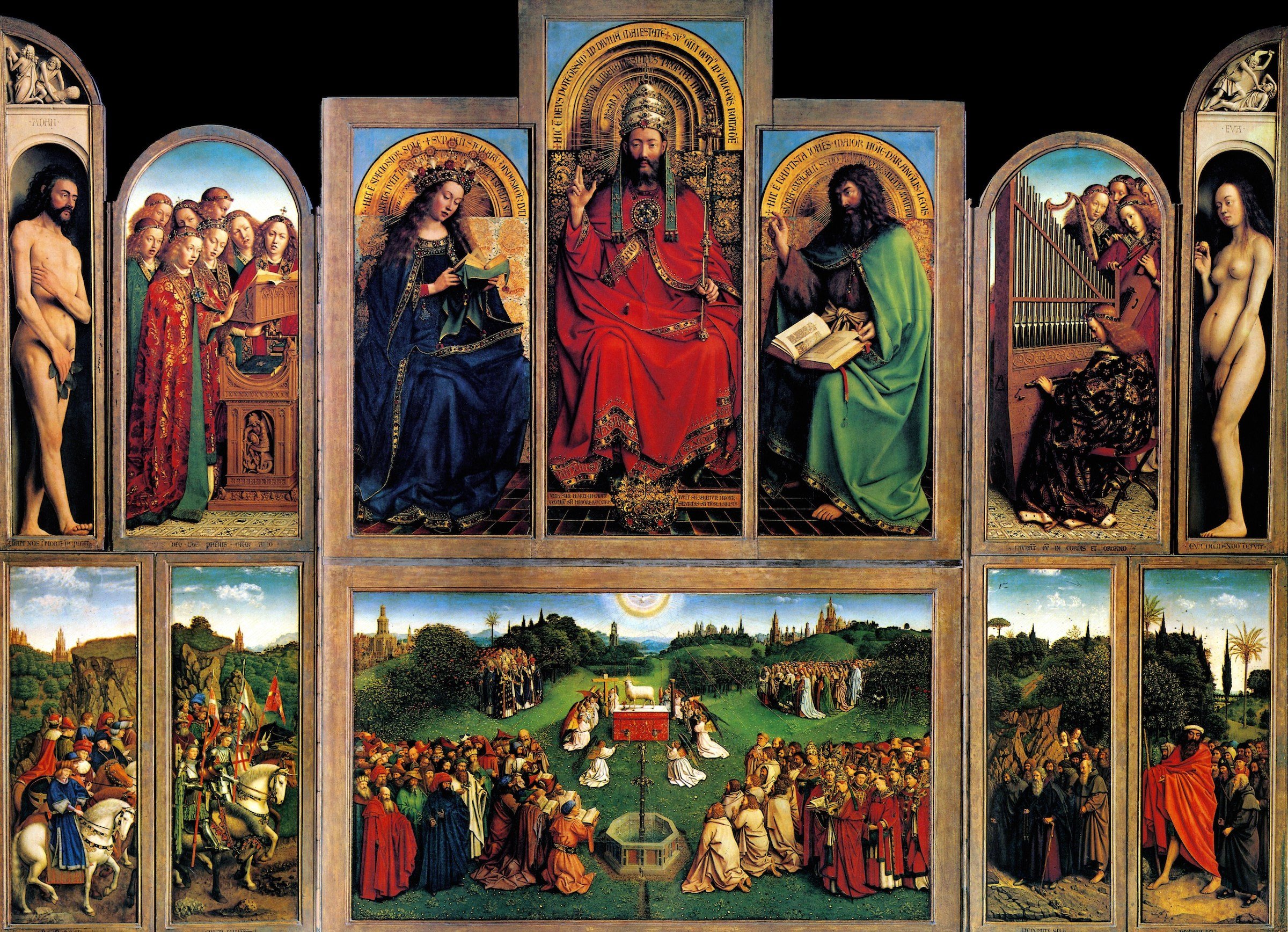 A magnificent polyptych masterpiece by Jan van Eyck, showcasing intricate details, rich colors, and religious symbolism, revered as a pinnacle of Flemish art.