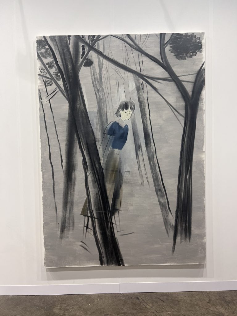 a painting depicts a woman walking in a forest 