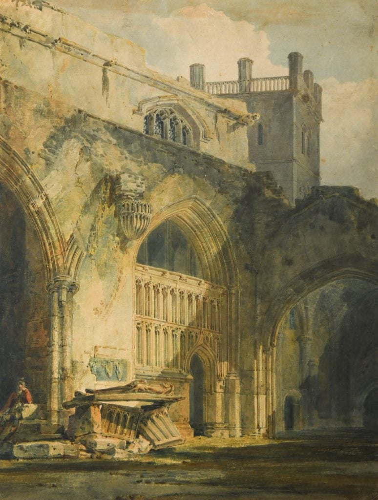 A 1795 watercolor painting by JMW Turner that depicts the exterior of an ornate cathedral with great detail and high contrast light