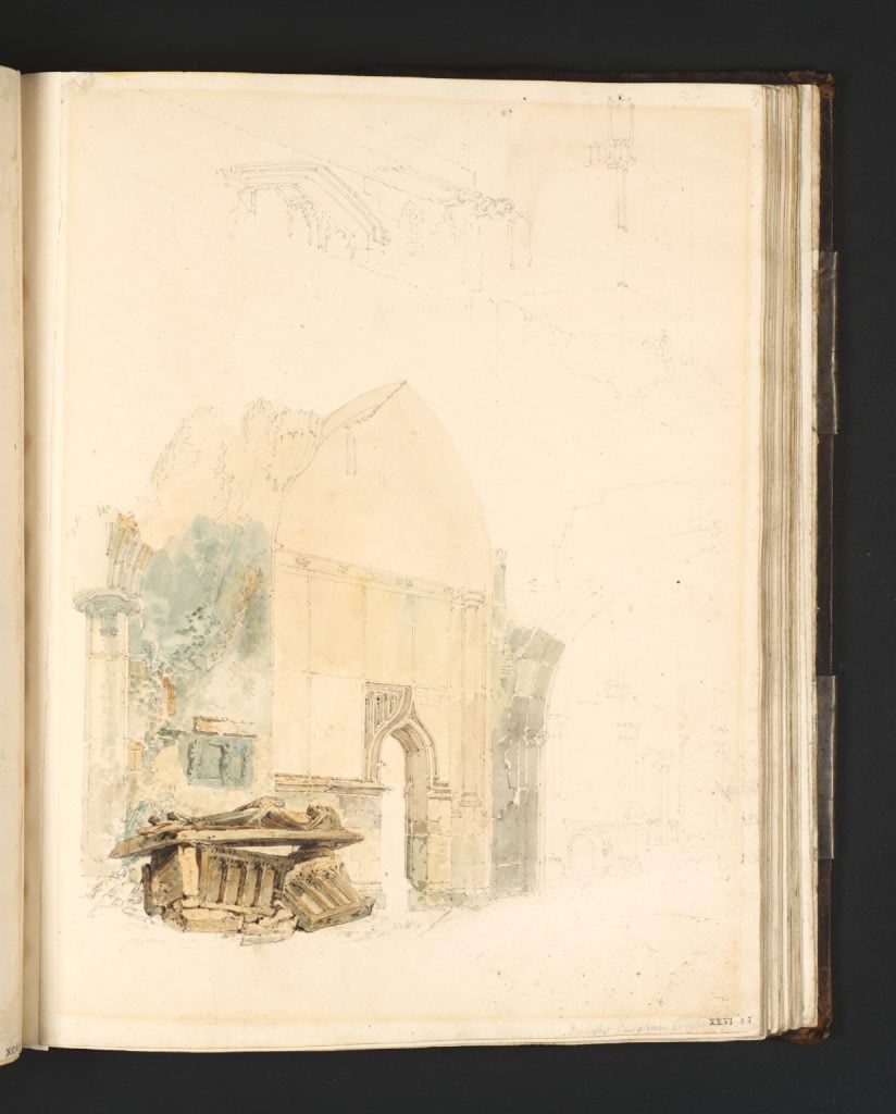 An unfinished graphite sketch by JMW Turner depicting the exterior of an ornate chapel.