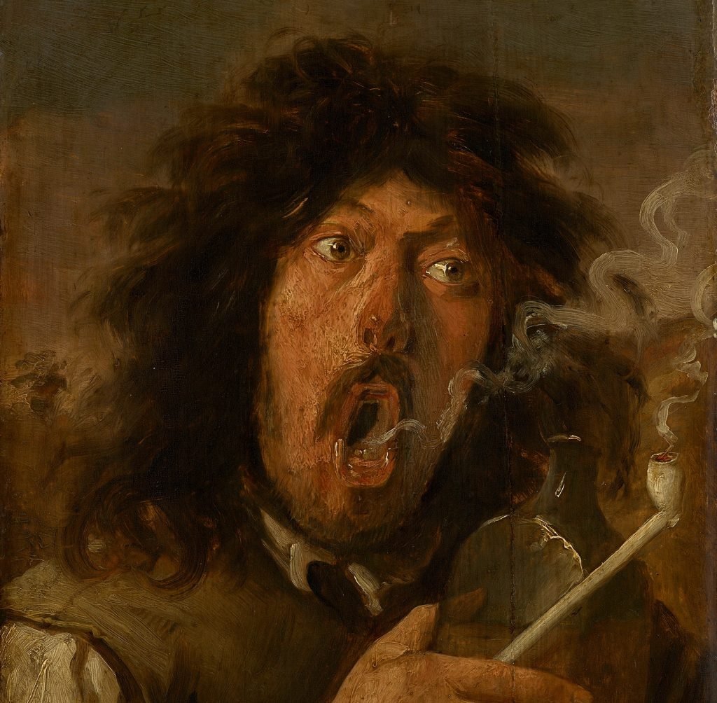 painting of a man with shocked facial expression smoking a pipe