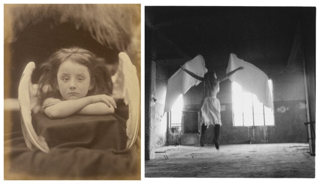 a collage of two images, on the left a small child looks straight at us wearing angel wings, in the right an adult female figure jumps up with wing-like sheets flowing off her back