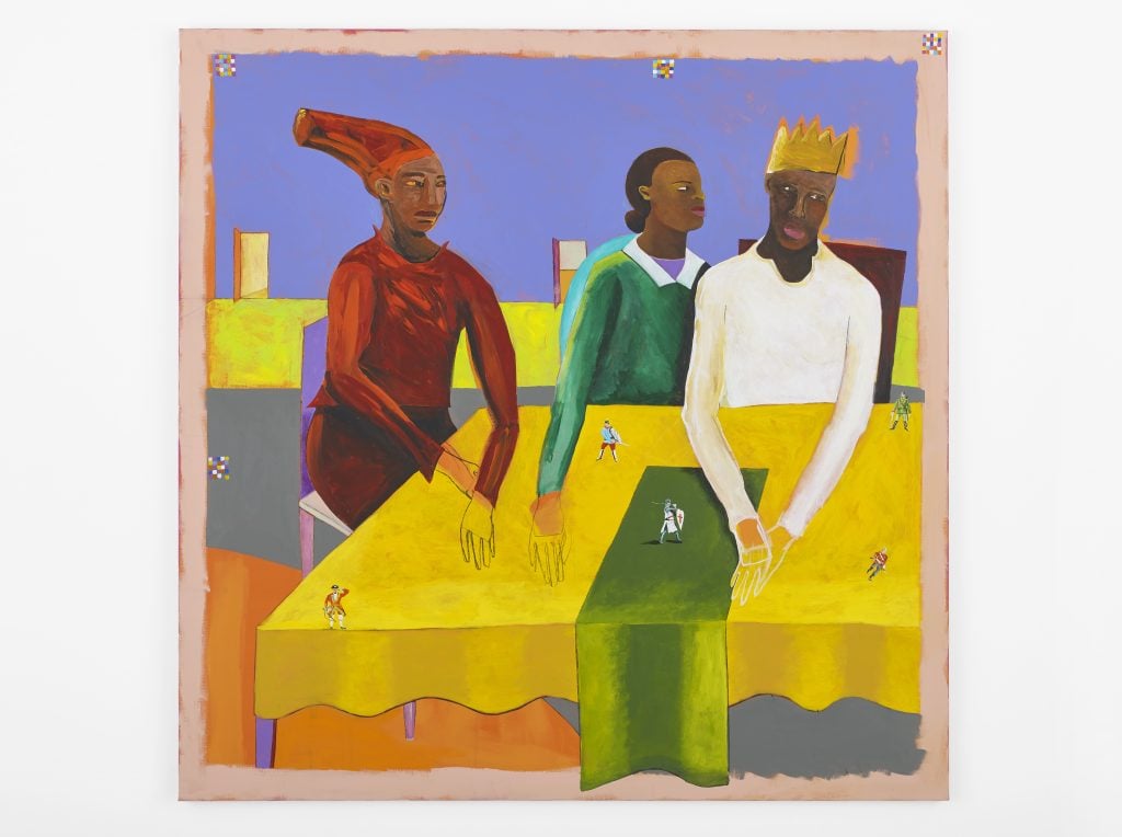a painting by Lubaina Himid of three people seated at a yellow table and on the table are small figurines