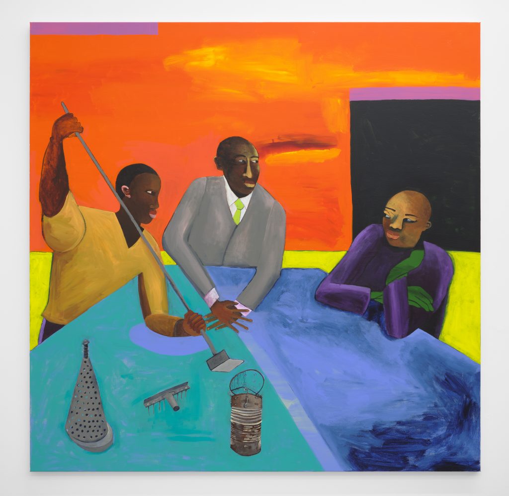 A colorful painting by Lubaina Himid depitching three figures seated around a table