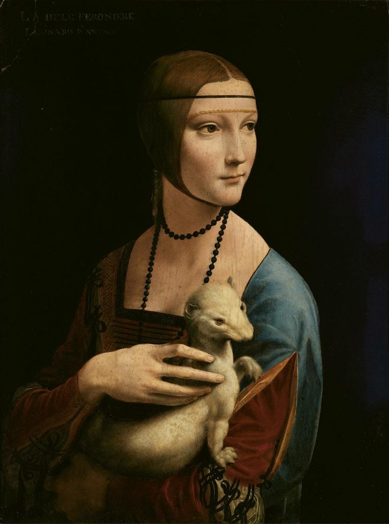 Renaissance portrait of a wealthy, young woman holding a white ermine in her arms.