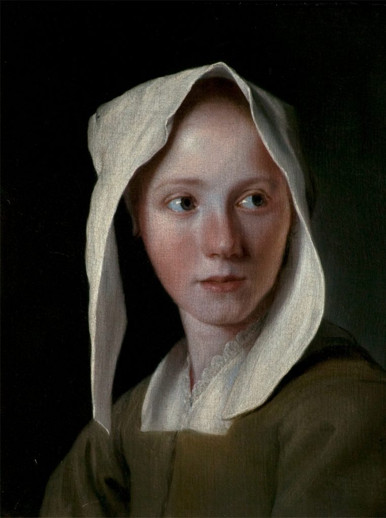 Michael Sweet's portrait of a young woman. She is looking to the right and dressed in a white head scarf and brown peasant dress. The background of the painting is black, throwing her face into full focus.