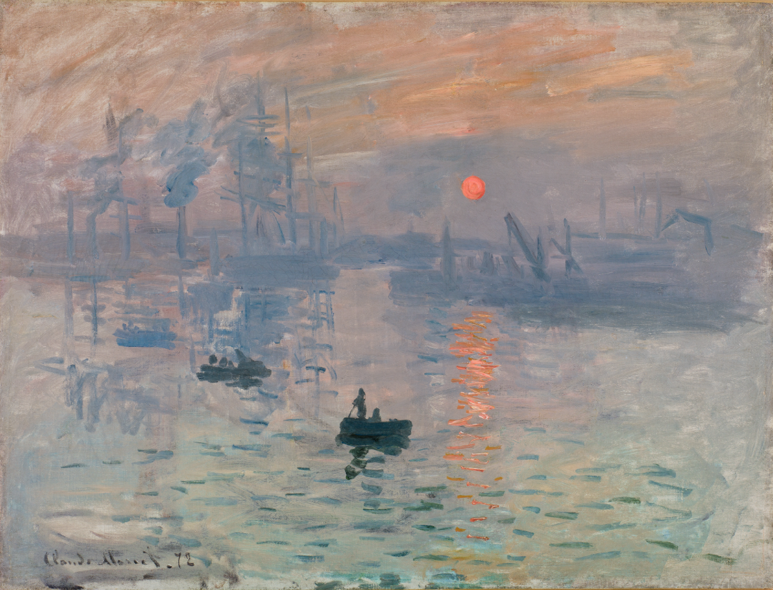 Monet's gauzy painting of a sunset, framed by a river dotted with boats. Claude Monet, Impression, Sunrise (1871). Photo: Musee d'Orsay. Oil on canvas 50 x 65 cm Paris, musée Marmottan Monet, don Eugène and Victorine Donop de Monchy, 1940 © Musée Marmottan Monet / Studio Christian Baraja SLB