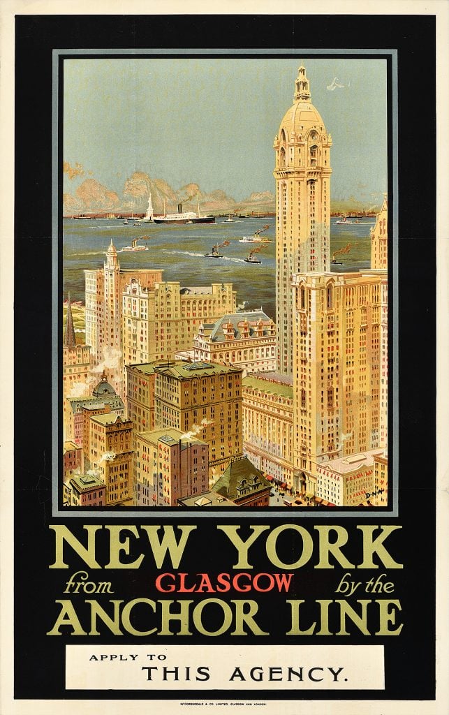 1910 poster of ship entering New York harbor with city in foreground