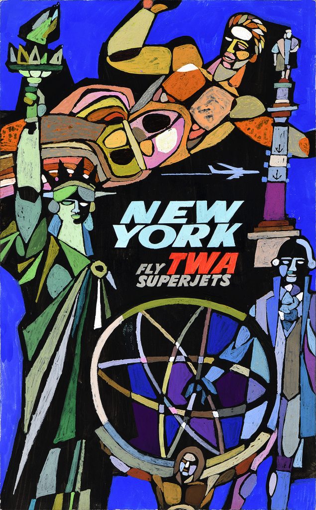 David Klein poster for TWA showing Statue of Liberty and other New York icons