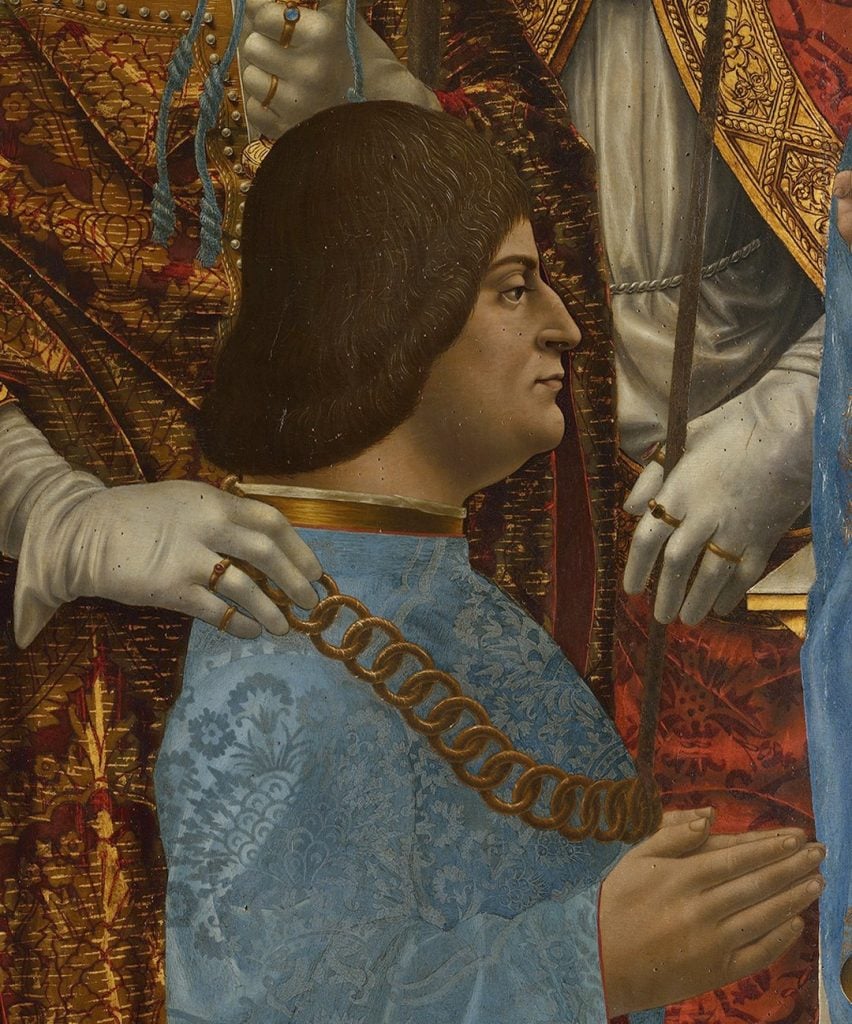 Ludovico Sforza's portrait in the Pala Sforzesca (1494–1495). Collection of the Pinacoteca di Brera, Milan.