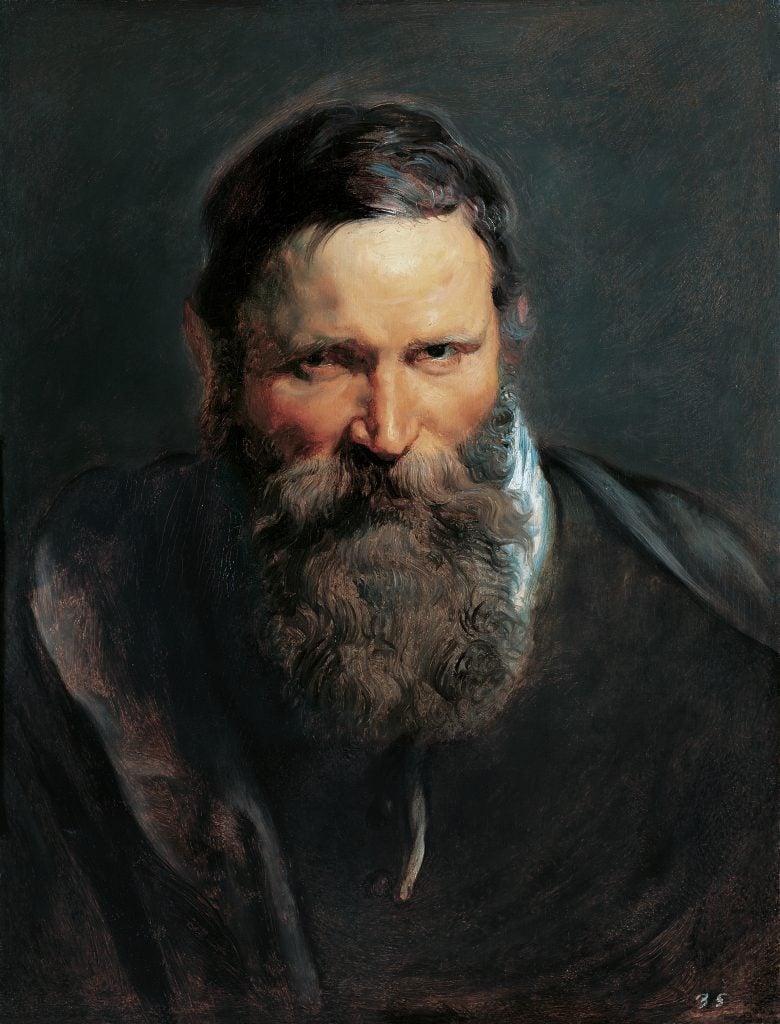 Portrait by Peter Paul Rubens showcasing the head of a bearded man. The man's face is depicted with strong features and a rugged beard, conveying a sense of wisdom and strength