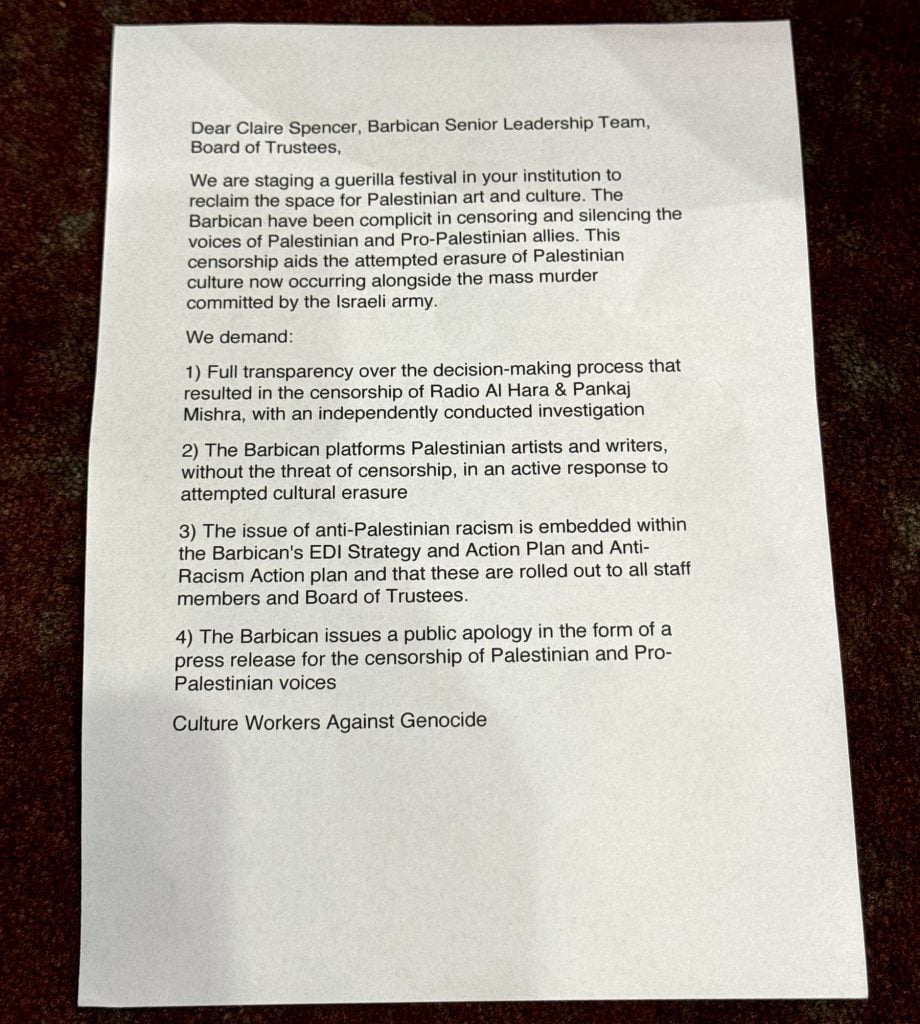 a typed out letter on paper addressed to the Barbican CEO and leadership team and signed by the Culture Workers Against Genocide