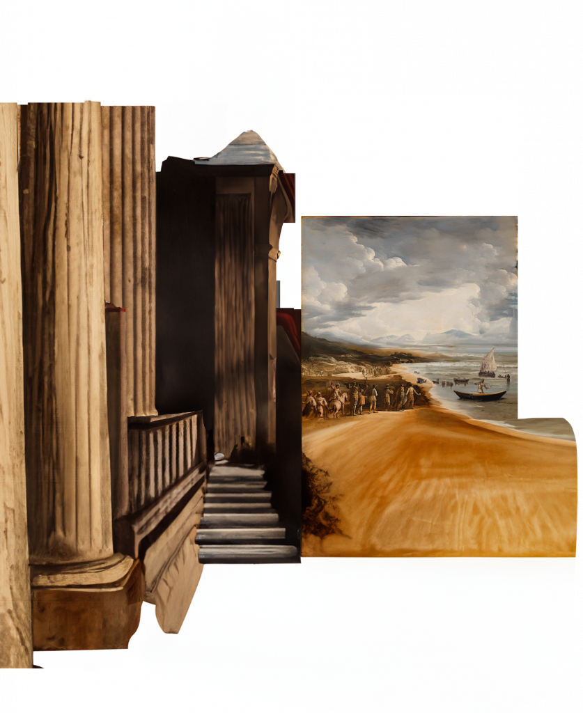 An in-process image of using A.I. to recreate a Velázquez painting, featuring collaged images of a beach and Greek columns.