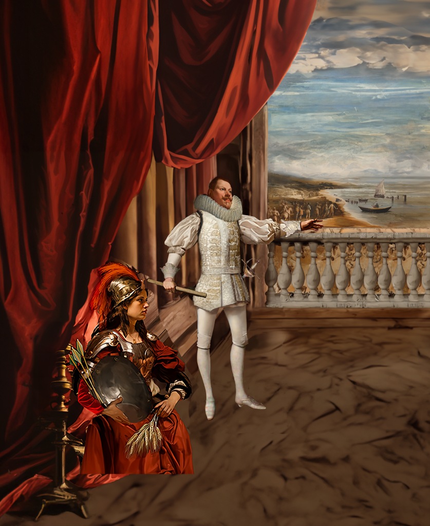 An in-process, collaged image featuring a man pointing out a balcony and a woman in armor