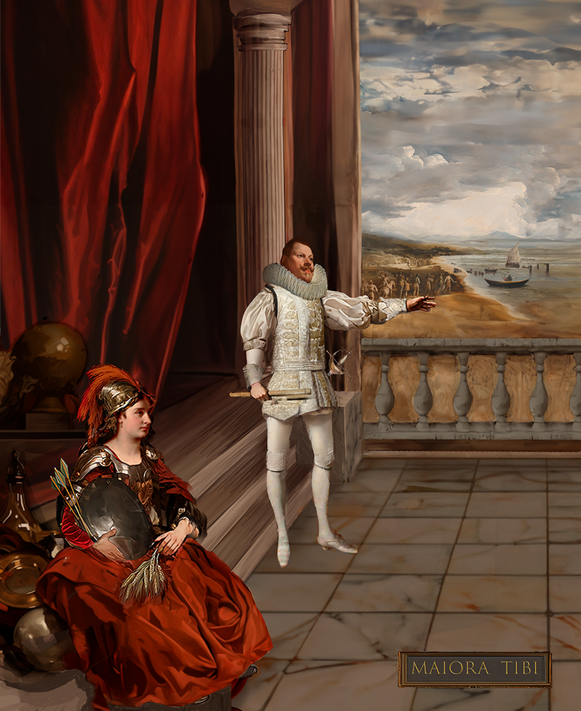 An in-process image of using A.I. to recreate a Velázquez painting, featuring a man pointing out a balcony and a woman sitting in a corner