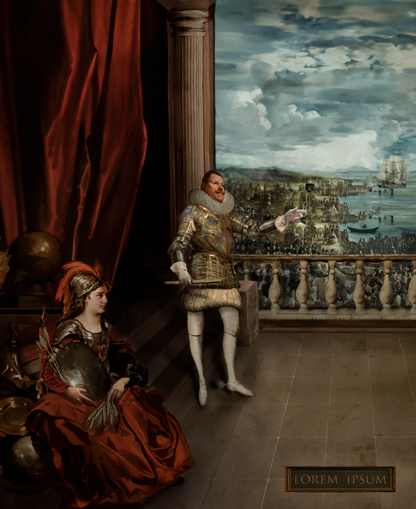A painting by Velázquez, featuring a man pointing out a balcony and a woman sitting in a corner, recreated using A.I.