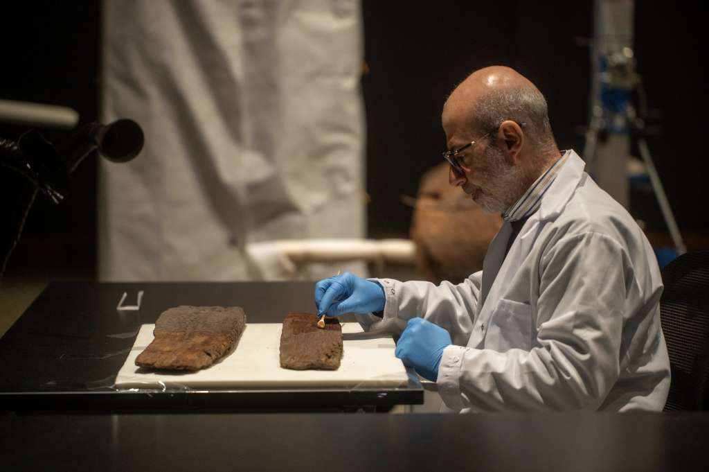 A conservator at work on a plank of wood from an ancient Egyptian boat.