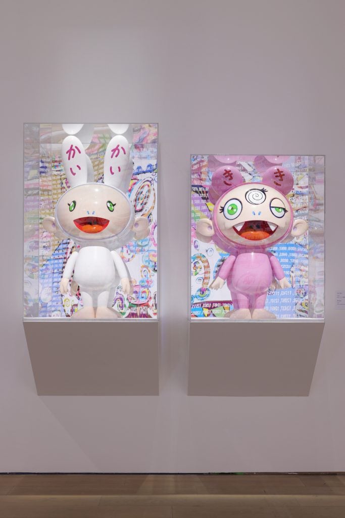 installation view of two sculptures by Takesh Murakami
