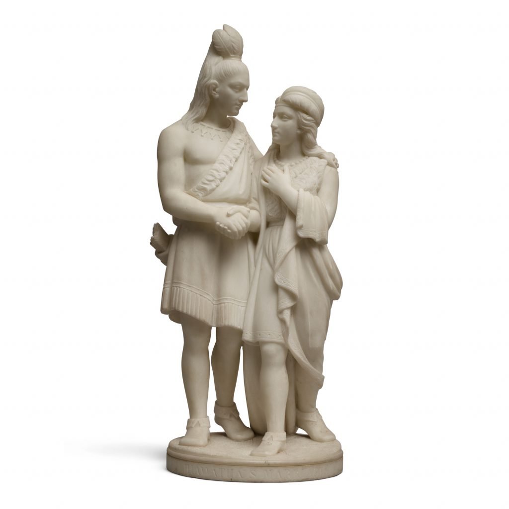 sculpture by Edmonia Lewis depicting two figures Hiawathat and his bride in an embrace