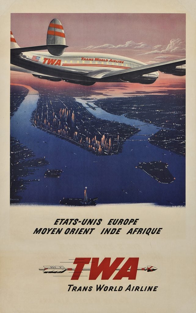 A poster shows a plane approaching New York