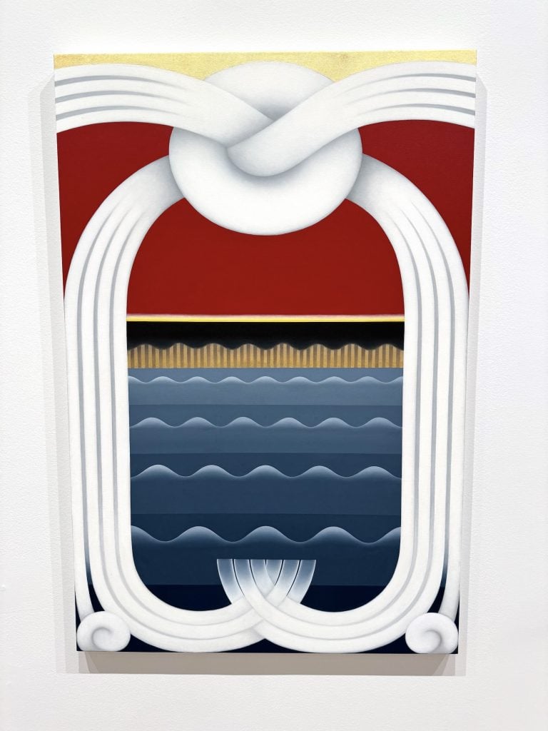 A painting of a geometric seascape with a red sky framed by a serpentine white form